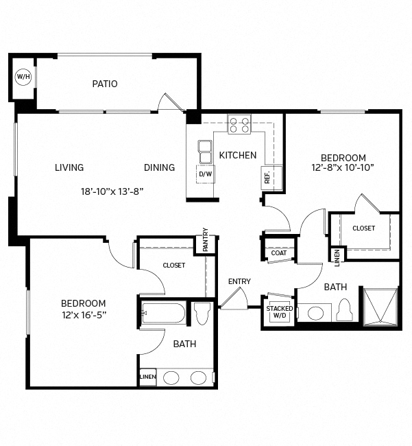 Floor plan for 2 beds, 2 baths, 1134 sqft